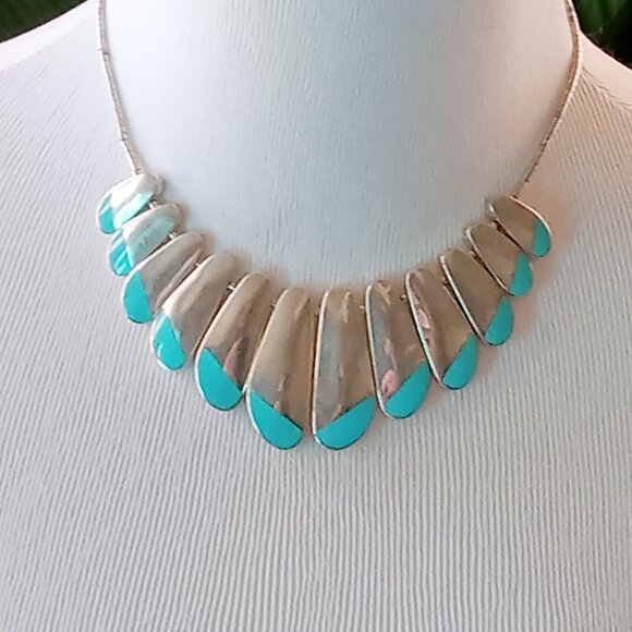 Vintage Sterling Silver Turquoise Enamel Necklace - Picture 6 of 10